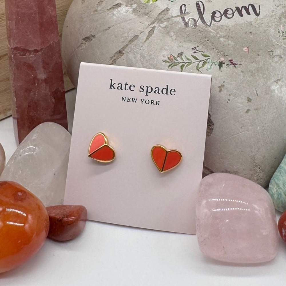 Kate Spade New York Orange Heart Stud Earrings Gold Enamel Valentine Gift New